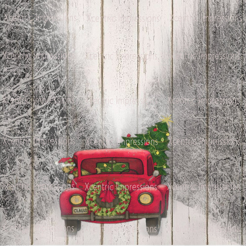 Red truck with Christmas tree - PNG file, Instant download