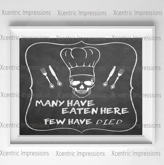 Digital print Many have eaten here few have died, skull print, skull digital print, kitchen skull print, home decor digital print, print